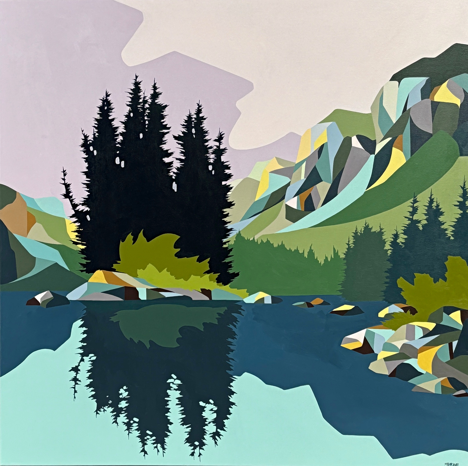 Original acrylic painting of Maligne Lake in Jasper National Park by Canadian artist Michelle Barkway at Effusion Art Gallery in Invermere, BC.