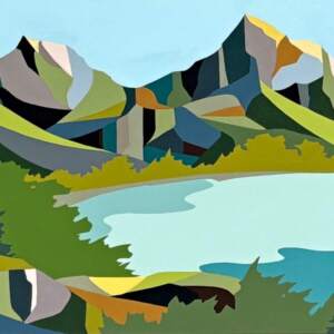 Valley of the Well Travelled, original acrylic landscape painting of the Three Sisters mountains in Canmore at Effusion Art Gallery in Invermere, BC.