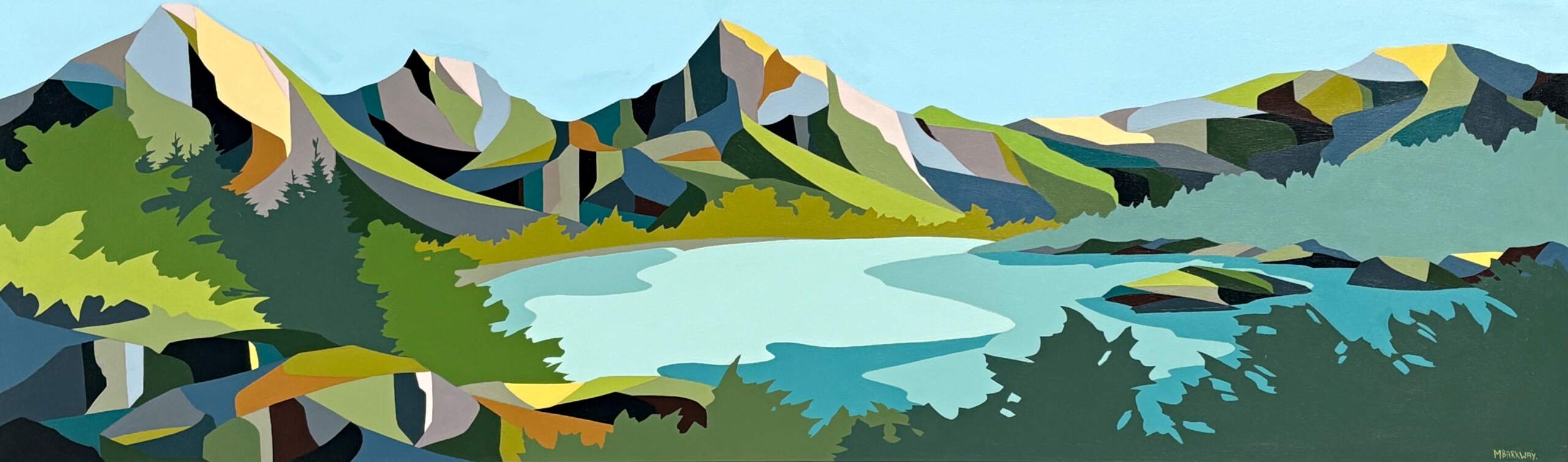 Valley of the Well Travelled, original acrylic landscape painting of the Three Sisters mountains in Canmore at Effusion Art Gallery in Invermere, BC.