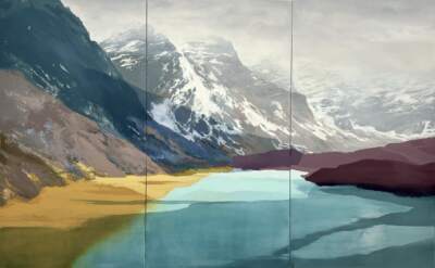 Majestic, original acrylic triptych painting of Moraine Lake by Canadian artist Jane Bronsch at Effusion Art Gallery in Invermere, BC.