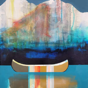 Quiétude, original mixed media canoe painting by Canadian artist Sylvain Leblanc at Effusion Art Gallery in Invermere, BC.