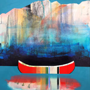Silence, original mixed media canoe painting by Canadian artist Sylvain Leblanc at Effusion Art Gallery in Invermere, BC.