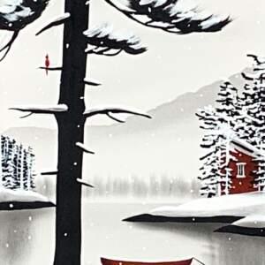 First Snow, original winter lake landscape painting by Canadian artist Natasha Miller at Effusion Art Gallery in Invermere, BC.