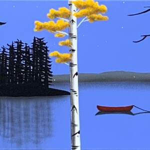 Our Mystic Moonlight Memories, original autumn lake evening landscape painting by Canadian artist Natasha Miller at Effusion Art Gallery in Invermere, BC.