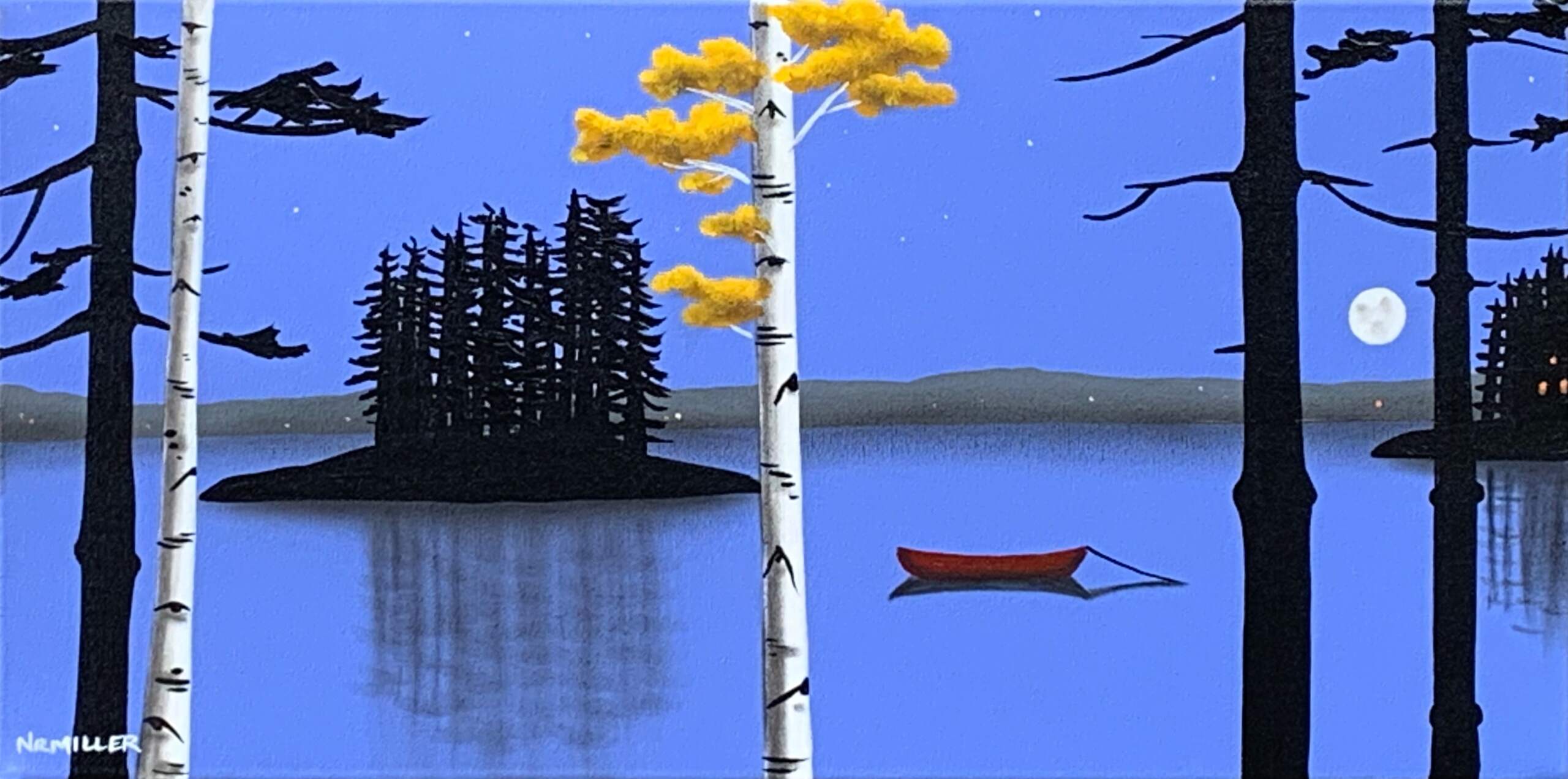Our Mystic Moonlight Memories, original autumn lake evening landscape painting by Canadian artist Natasha Miller at Effusion Art Gallery in Invermere, BC.