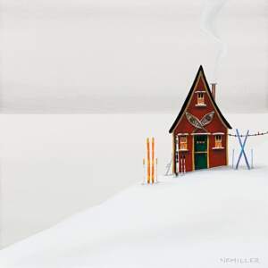 Snowshoes and Skis Please, original winter landscape + ski chalet painting by Canadian artist Natasha Miller at Effusion Art Gallery in Invermere, BC.