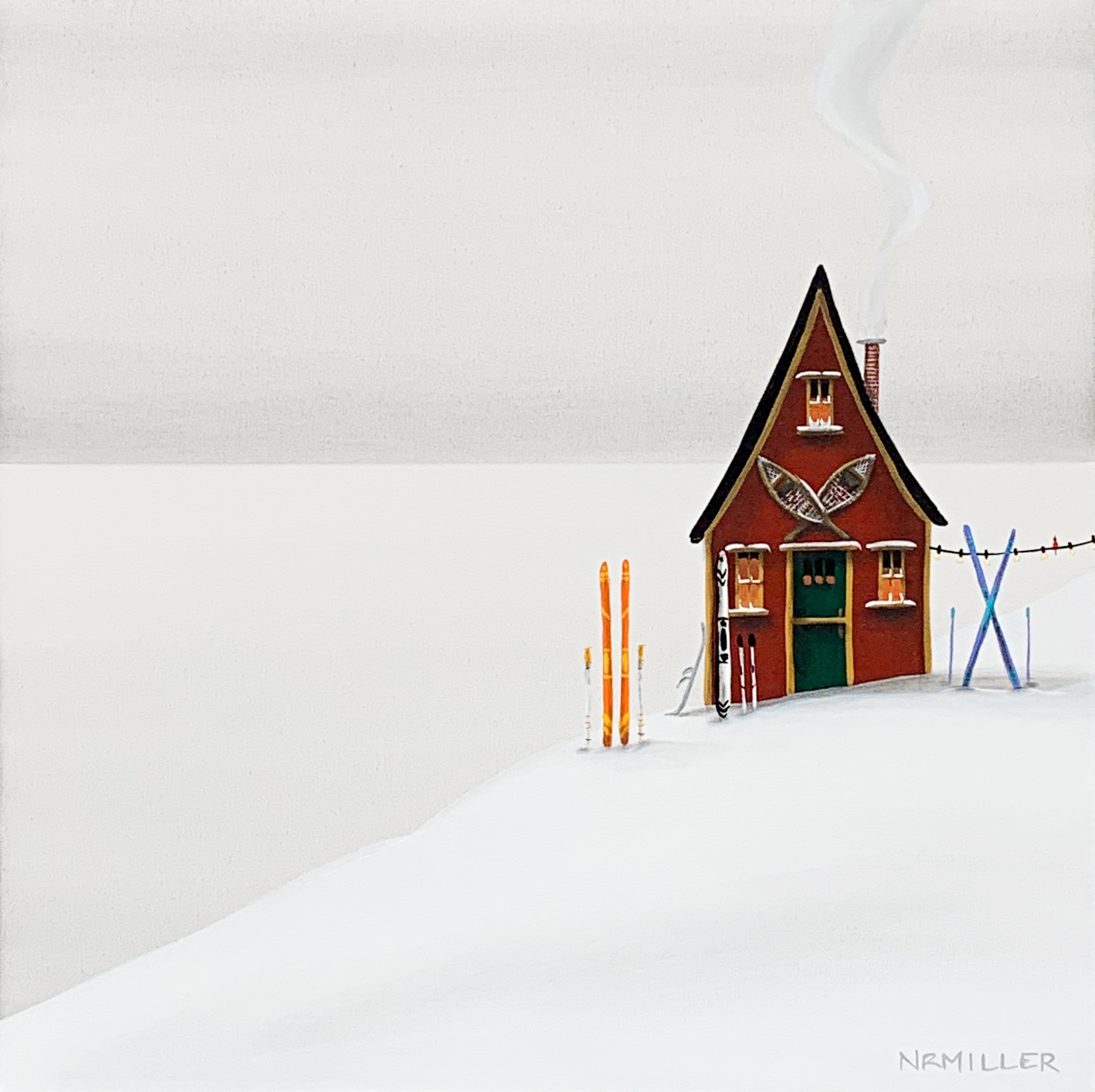 Snowshoes and Skis Please, original winter landscape + ski chalet painting by Canadian artist Natasha Miller at Effusion Art Gallery in Invermere, BC.