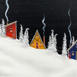 Whisps of Winter, original winter night landscape painting by Canadian artist Natasha Miller at Effusion Art Gallery in Invermere, BC.