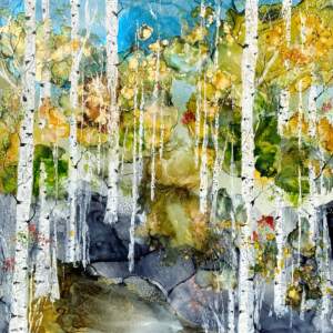 Crowned in Autumn 1, original alcohol ink tree landscape painting by Canadian artist Paulina Tokarski at Effusion Art Gallery in Invermere, BC.