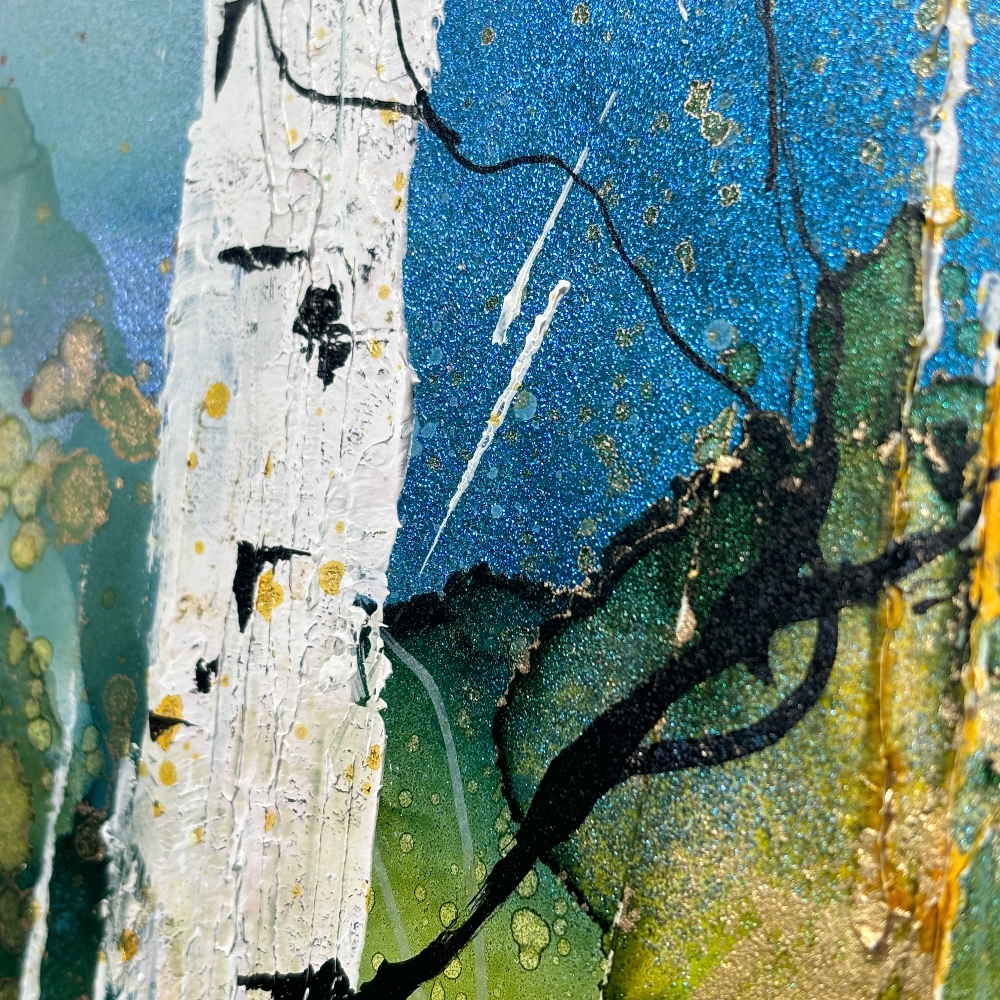 Crowned in Autumn 1, original alcohol ink tree landscape painting by Canadian artist Paulina Tokarski at Effusion Art Gallery in Invermere, BC.