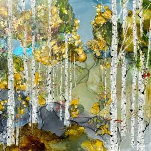 Crowned in Autumn 2, original alcohol ink landscape painting by Canadian artist Paulina Tokarski at Effusion Art Gallery in Invermere, BC.