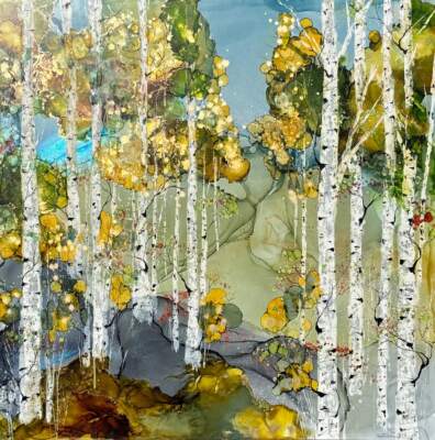 Crowned in Autumn 2, original alcohol ink landscape painting by Canadian artist Paulina Tokarski at Effusion Art Gallery in Invermere, BC.