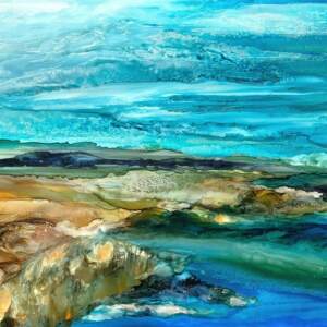 Held by Nature, original alcohol ink loose landscape painting of the Columbia Valley wetlands by Canadian artist Paulina Tokarski at Effusion Art Gallery in Invermere, BC.