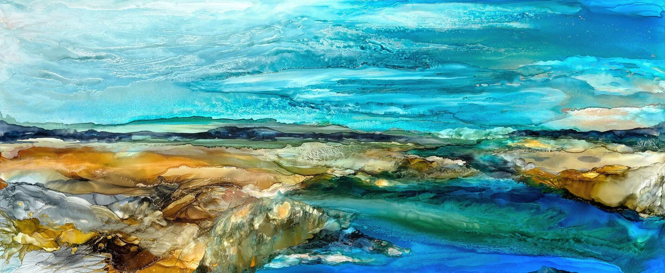 Held by Nature, original alcohol ink loose landscape painting of the Columbia Valley wetlands by Canadian artist Paulina Tokarski at Effusion Art Gallery in Invermere, BC.