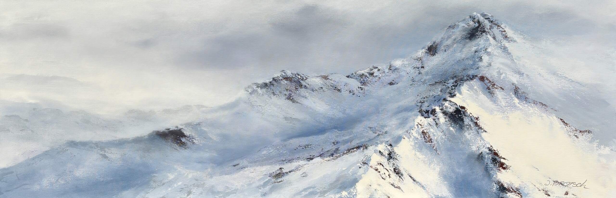 To the Summit, acrylic winter mountain landscape painting by Canadian artist Jane Bronsch at Effusion Art Gallery in Invermere, BC.