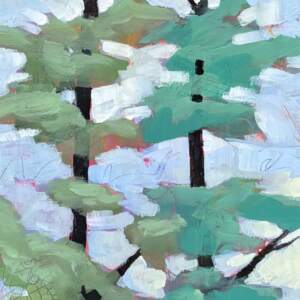 Just the Two of Us, mixed media pixelated tree painting by Canadian artist Connie Geerts at Effusion Art Gallery in Invermere, BC.