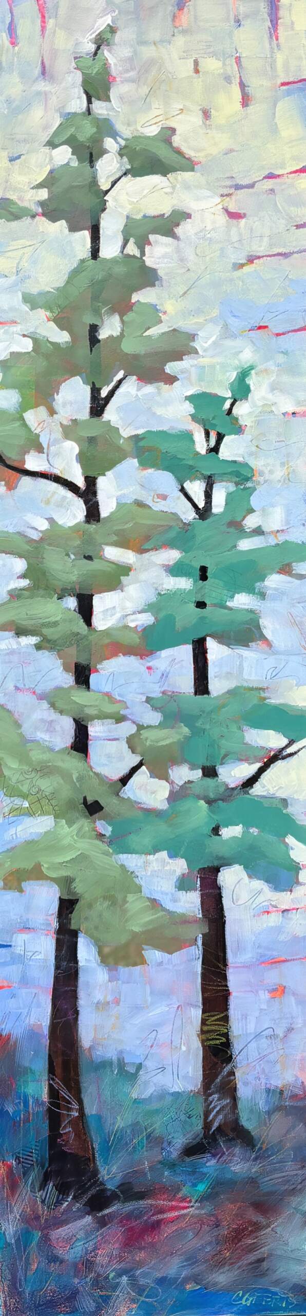 Just the Two of Us, mixed media pixelated tree painting by Canadian artist Connie Geerts at Effusion Art Gallery in Invermere, BC.