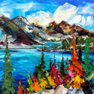 Iconic Images of the Rockies 2, original oil painting of Moraine Lake by Canadian artist Kimberly Kiel at Effusion Art Gallery in Invermere, BC.