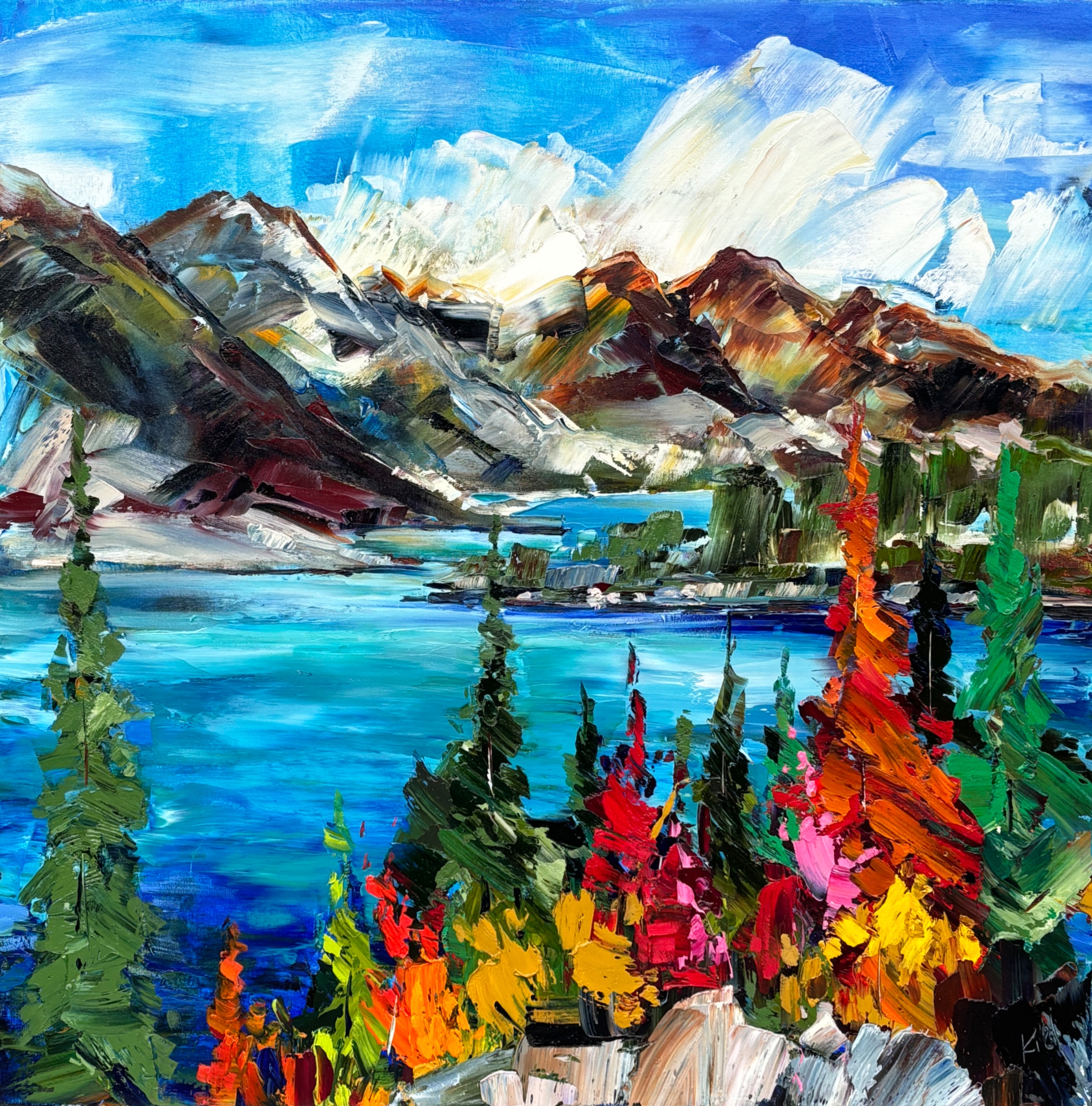 Iconic Images of the Rockies 2, original oil painting of Moraine Lake by Canadian artist Kimberly Kiel at Effusion Art Gallery in Invermere, BC.