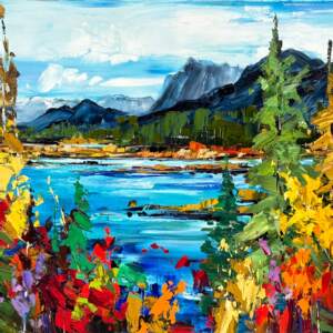 Iconic Images of the Rockies 3, original oil painting of Vermillion Lakes by Canadian artist Kimberly Kiel at Effusion Art Gallery in Invermere, BC.