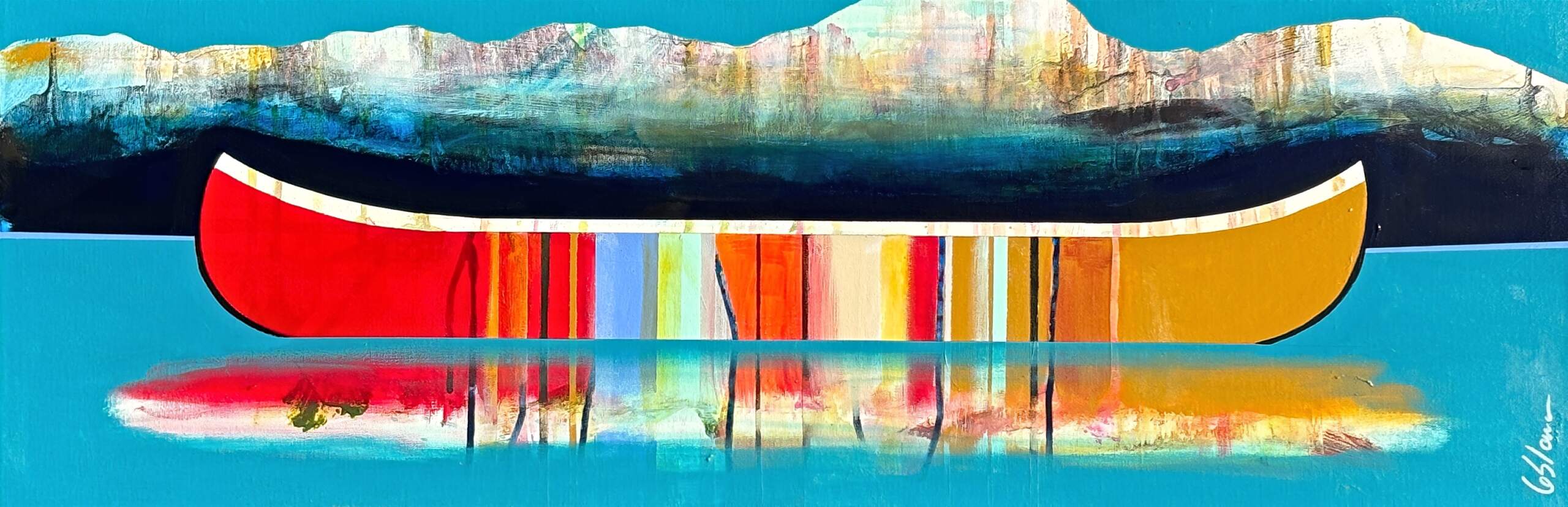 Au loin, original mixed media canoe painting by Sylvain Leblanc at Effusion Art Gallery in Invermere, BC.