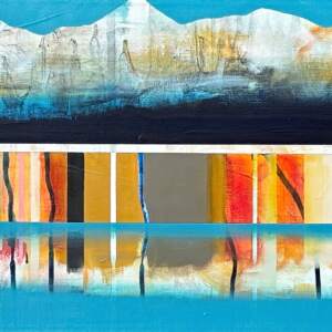 Retour, original mixed media canoe painting by Sylvain Leblanc at Effusion Art Gallery in Invermere, BC.