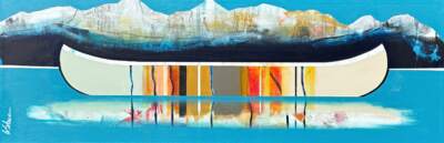 Retour, original mixed media canoe painting by Sylvain Leblanc at Effusion Art Gallery in Invermere, BC.