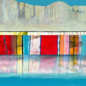Superbe matinée, original mixed media canoe painting by Sylvain Leblanc at Effusion Art Gallery in Invermere, BC.