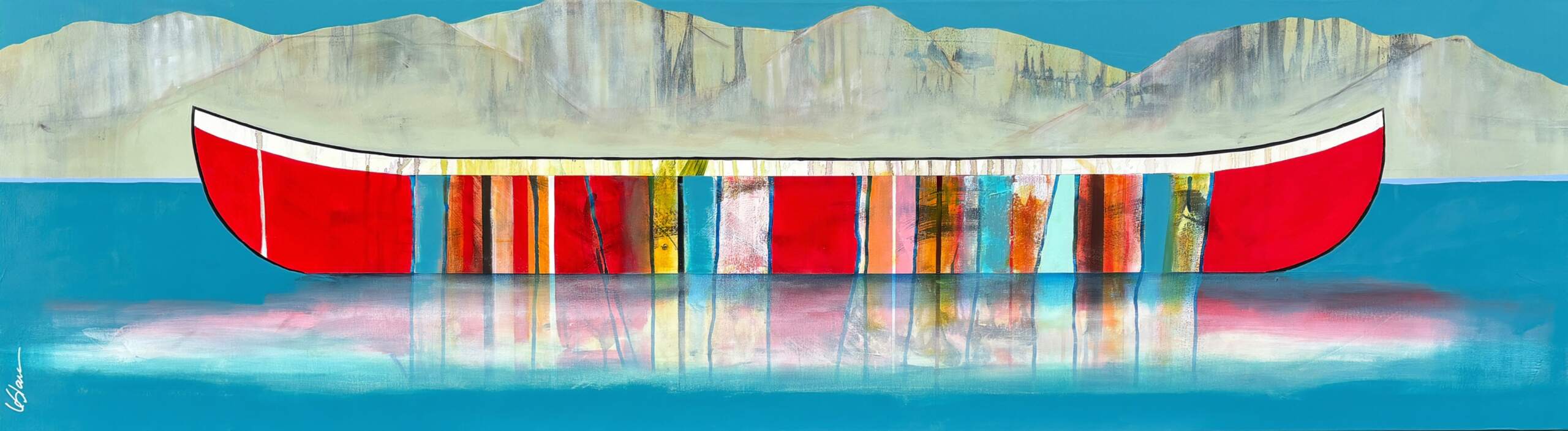 Superbe matinée, original mixed media canoe painting by Sylvain Leblanc at Effusion Art Gallery in Invermere, BC.