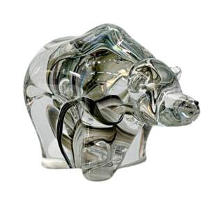 Blown glass grizzly bear sculpture in clear glass with an olive green, peach, and cream galaxy inside by Hayden MacRae.