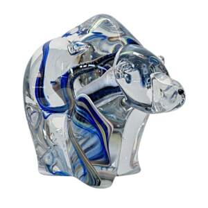 Blown glass grizzly bear sculpture in clear glass with a cobalt blue, peach, and yellow galaxy inside by Hayden MacRae.