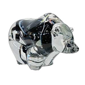 Blown glass grizzly bear sculpture in clear glass with a black, blue, and blush galaxy inside by Hayden MacRae.