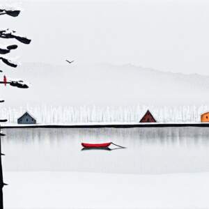 Livin' the Lake Life, original winter frozen lake landscape painting by Canadian artist Natasha Miller at Effusion Art Gallery in Invermere, BC.