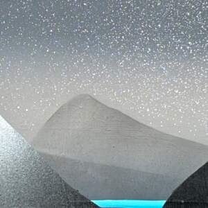 Centered, original mixed media painting of snowy lake and mountains at night by Canadian artist Cody Pendleton at Effusion Art Gallery in Invermere, BC.