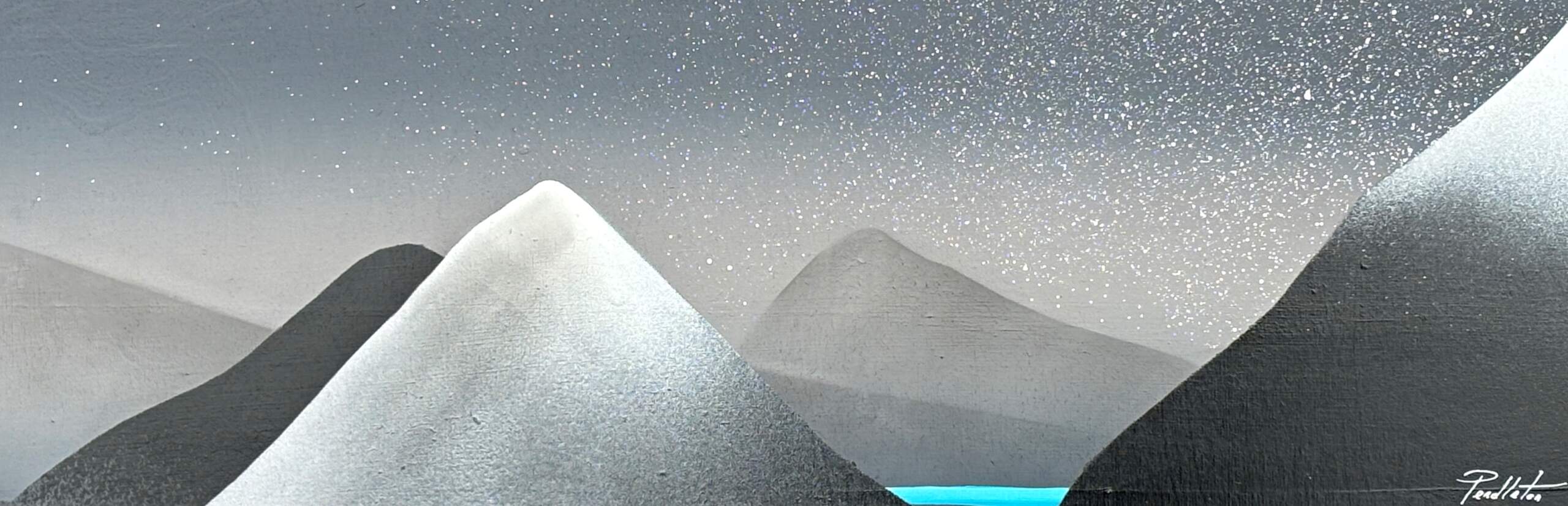 Centered, original mixed media painting of snowy lake and mountains at night by Canadian artist Cody Pendleton at Effusion Art Gallery in Invermere, BC.