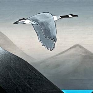 Free Bird, original mixed media painting of a Canada rose flying above a snowy lake and mountains at dusk by Canadian artist Cody Pendleton at Effusion Art Gallery in Invermere, BC.