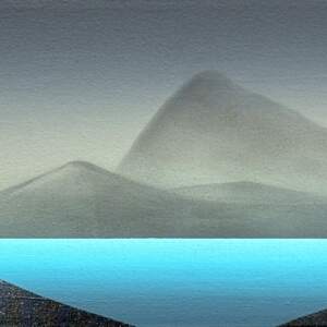 Mountain Bed, original mixed media painting of snowy lake and mountains at night by Canadian artist Cody Pendleton at Effusion Art Gallery in Invermere, BC.