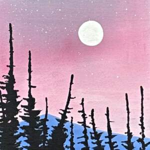 Night Light, original mixed media painting of a sunset at Panorama Mountain Resort by Canadian artist Cody Pendleton at Effusion Art Gallery in Invermere, BC.