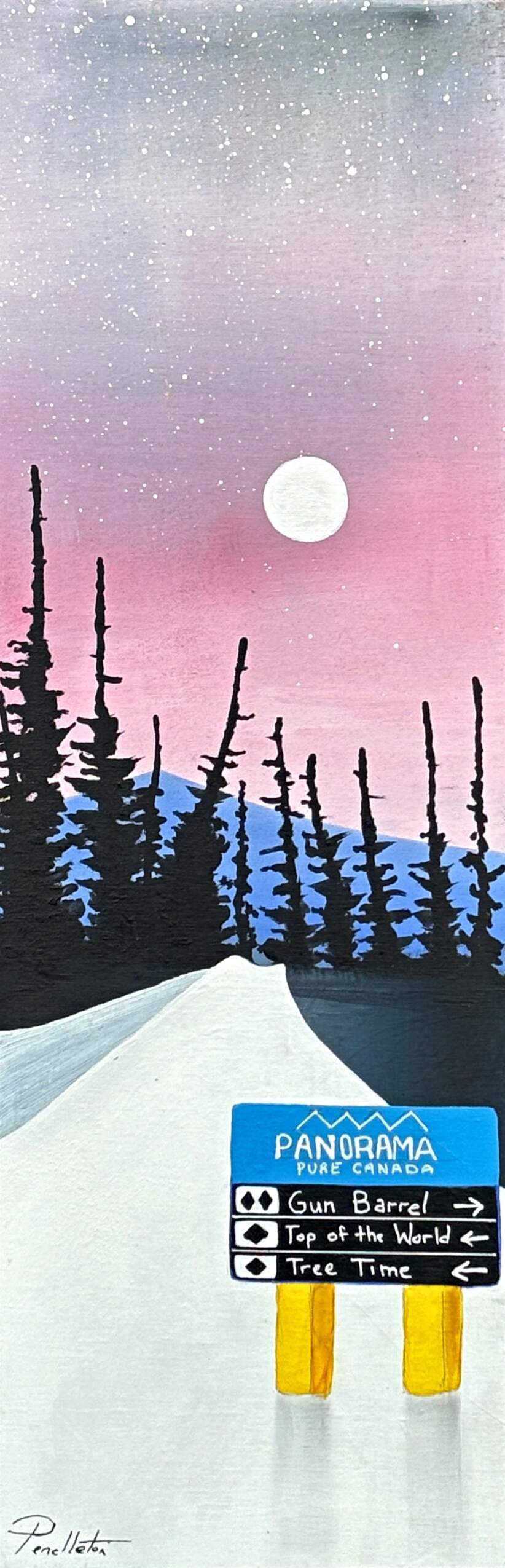 Night Light, original mixed media painting of a sunset at Panorama Mountain Resort by Canadian artist Cody Pendleton at Effusion Art Gallery in Invermere, BC.