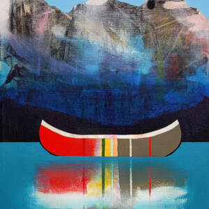 Bonheur, original mixed media canoe painting by Sylvain Leblanc at Effusion Art Gallery in Invermere, BC.