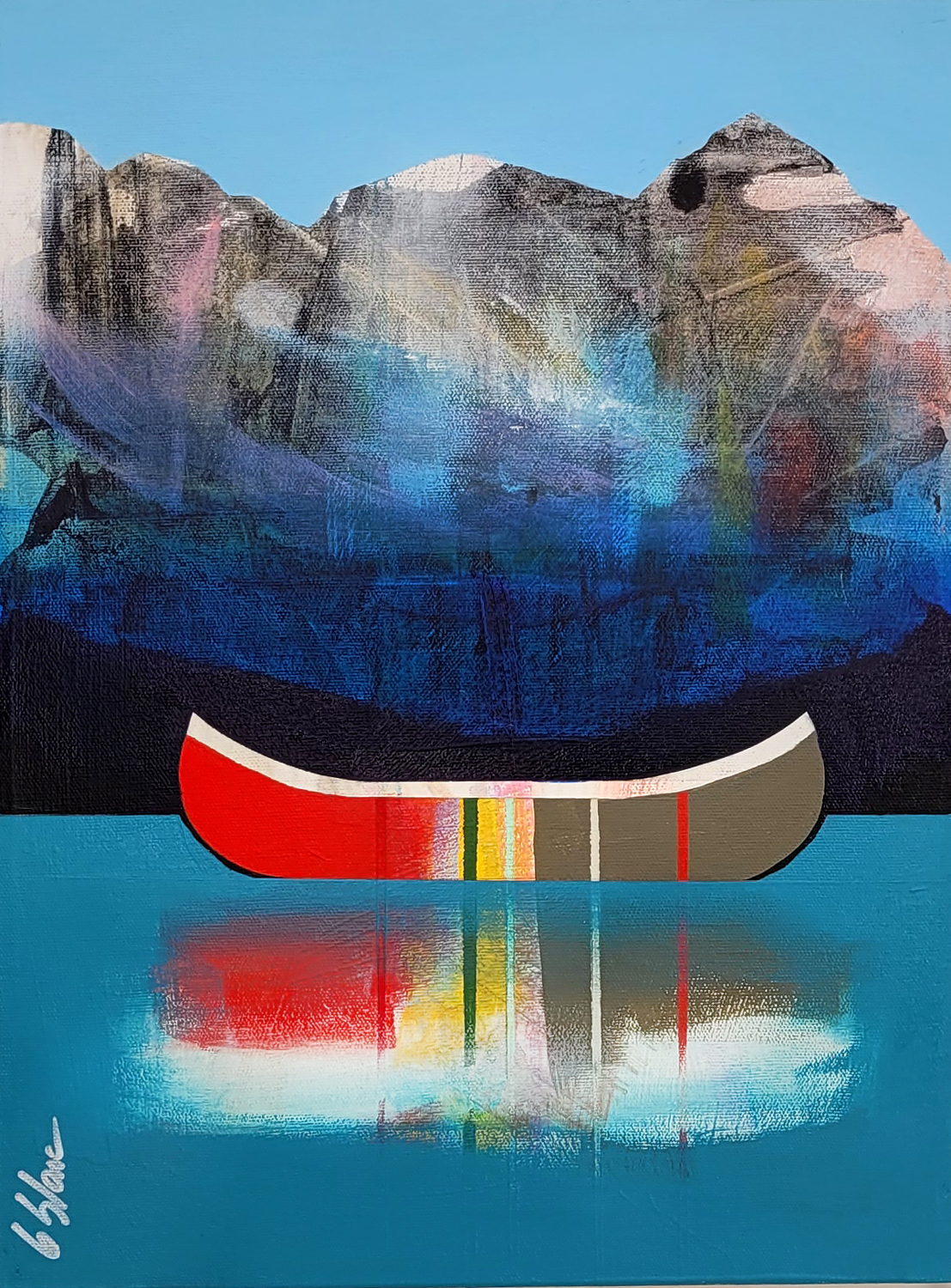 Bonheur, original mixed media canoe painting by Sylvain Leblanc at Effusion Art Gallery in Invermere, BC.