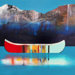 Douceur, original mixed media canoe painting by Sylvain Leblanc at Effusion Art Gallery in Invermere, BC.