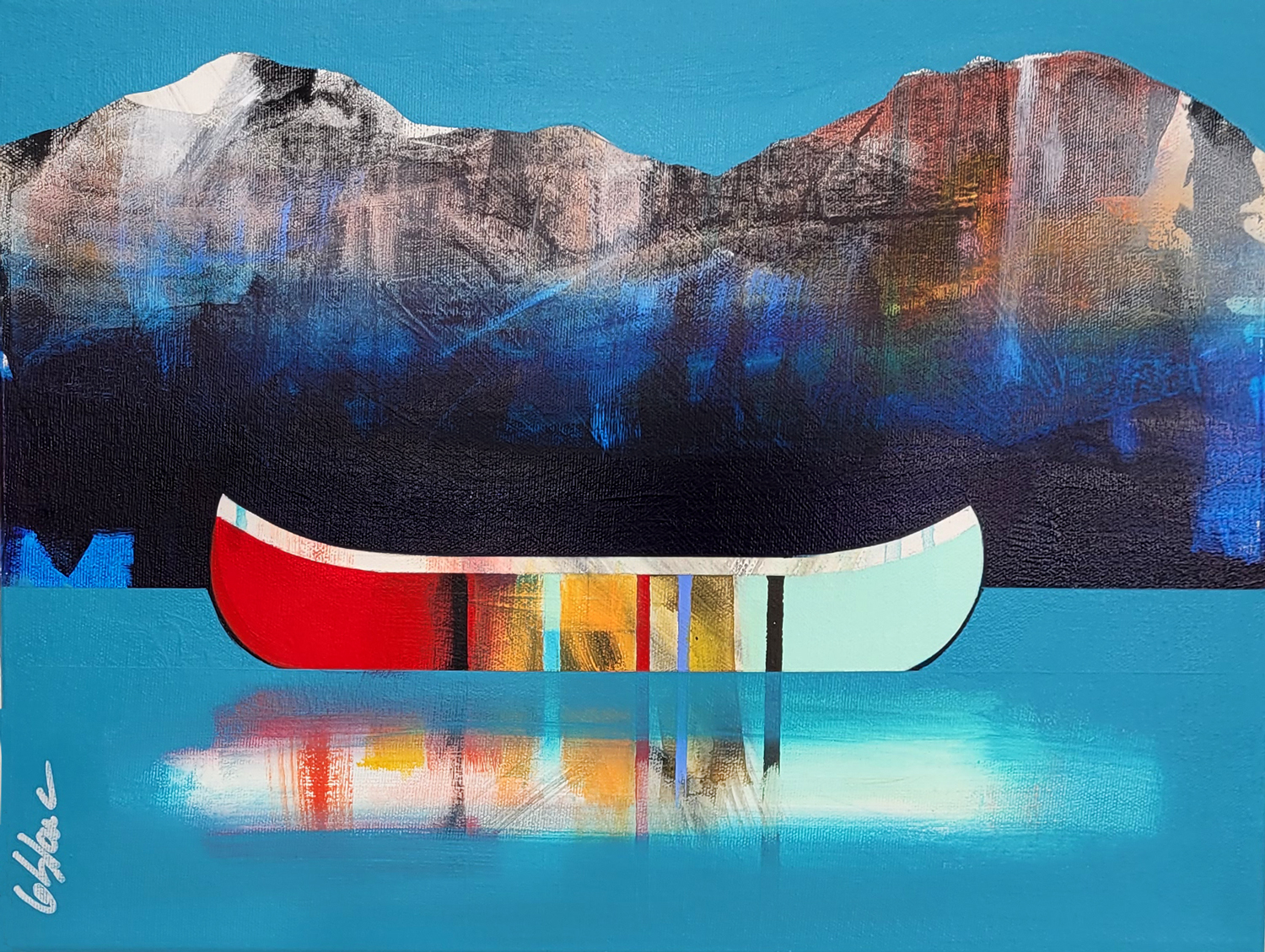 Douceur, original mixed media canoe painting by Sylvain Leblanc at Effusion Art Gallery in Invermere, BC.