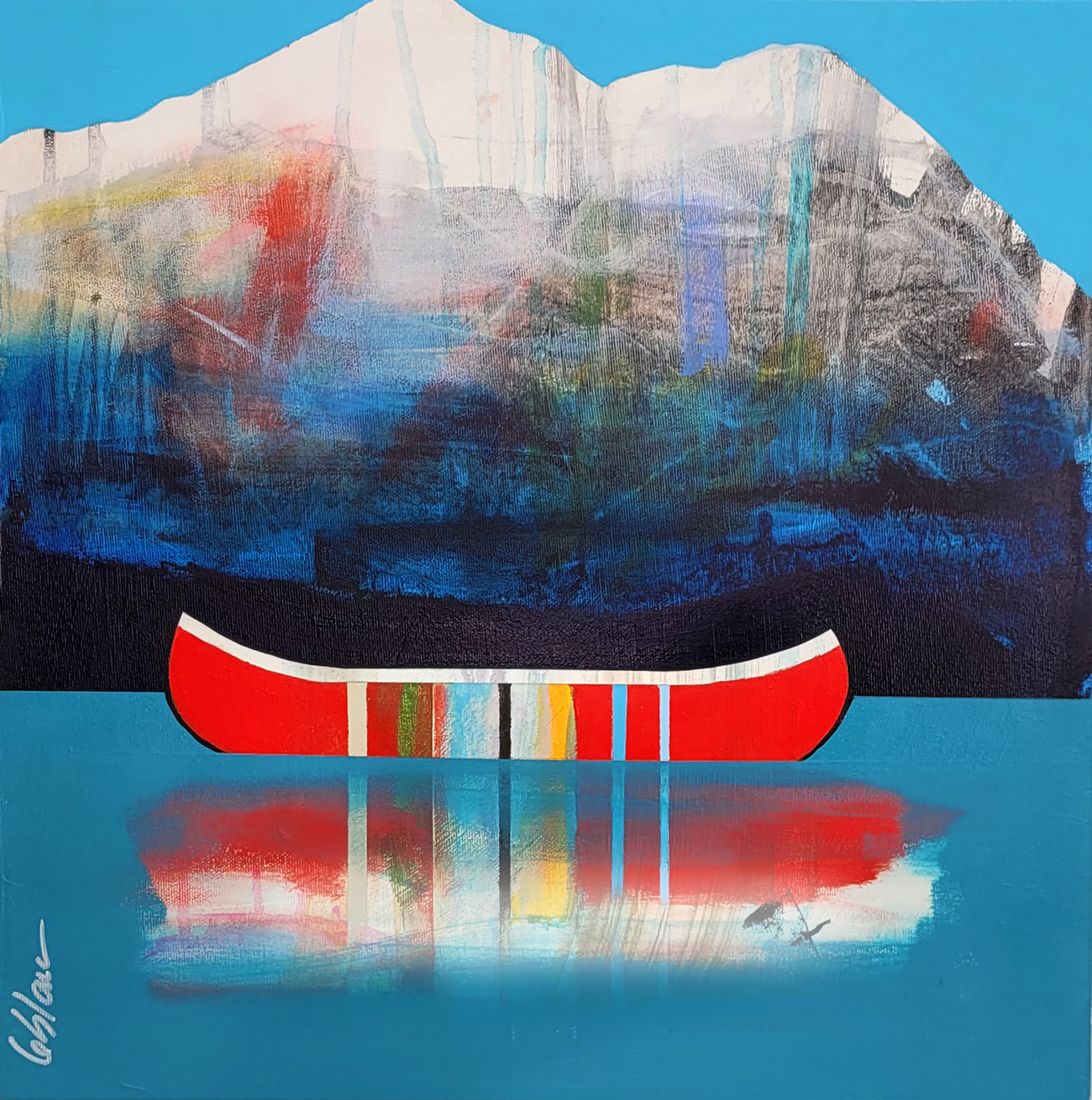 Lumière, original mixed media canoe painting by Sylvain Leblanc at Effusion Art Gallery in Invermere, BC.