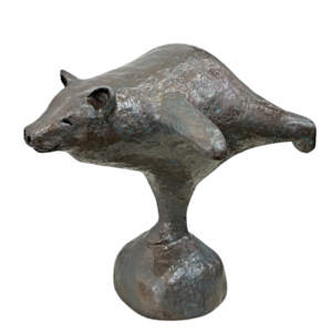 Airplane Pose, original mixed media sculpture of a friendly bear doing yoga by Canadian artist Karin Taylor at Effusion Art Gallery in Invermere, BC.