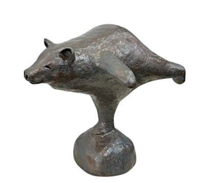 Airplane Pose, original mixed media sculpture of a friendly bear doing yoga by Canadian artist Karin Taylor at Effusion Art Gallery in Invermere, BC.