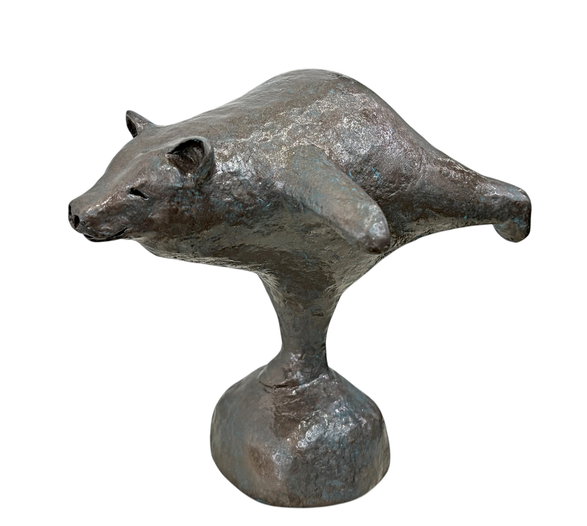 Airplane Pose, original mixed media sculpture of a friendly bear doing yoga by Canadian artist Karin Taylor at Effusion Art Gallery in Invermere, BC.