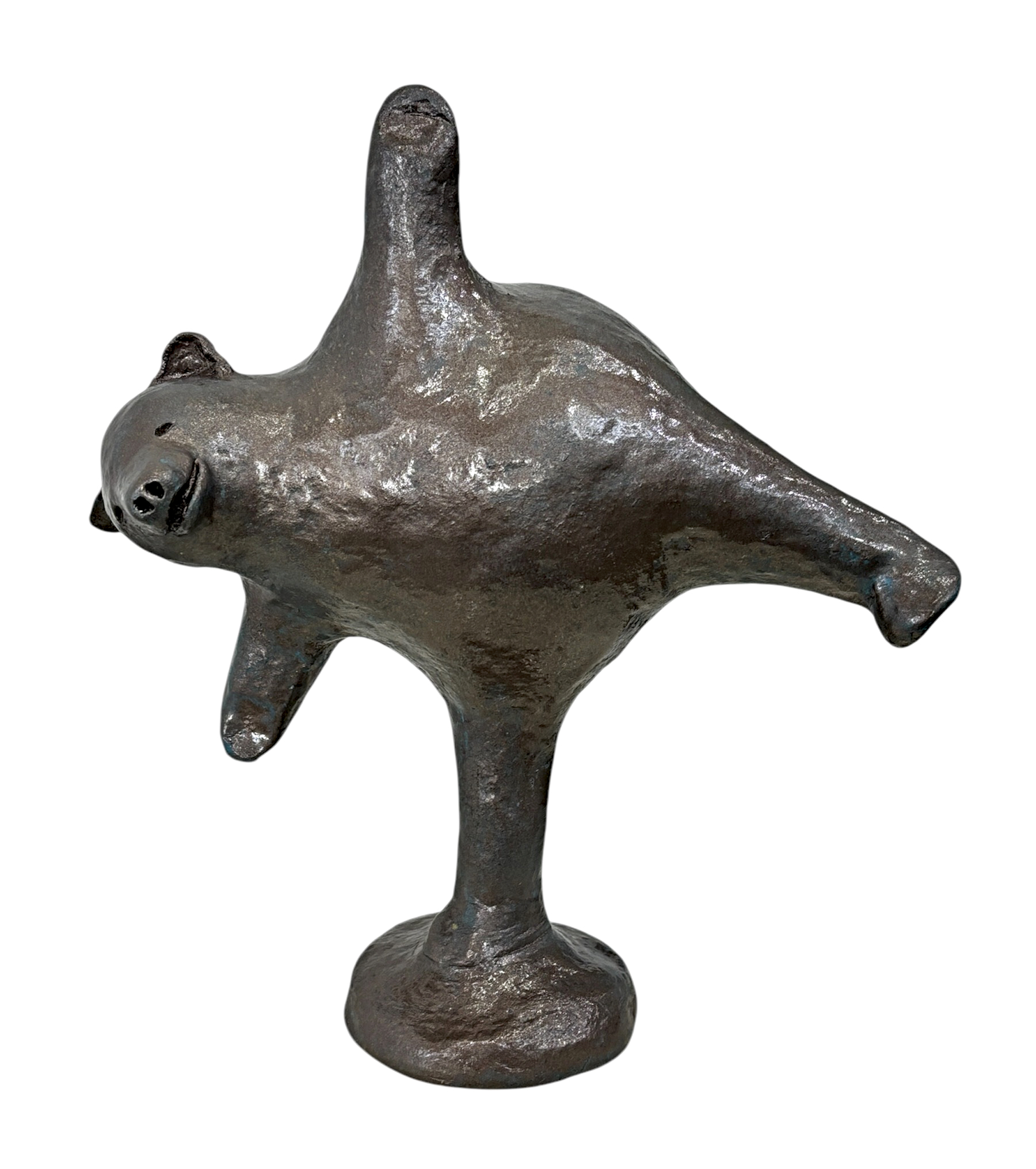 Half Moon Pose, original mixed media sculpture of a friendly bear doing yoga by Canadian artist Karin Taylor at Effusion Art Gallery in Invermere, BC.