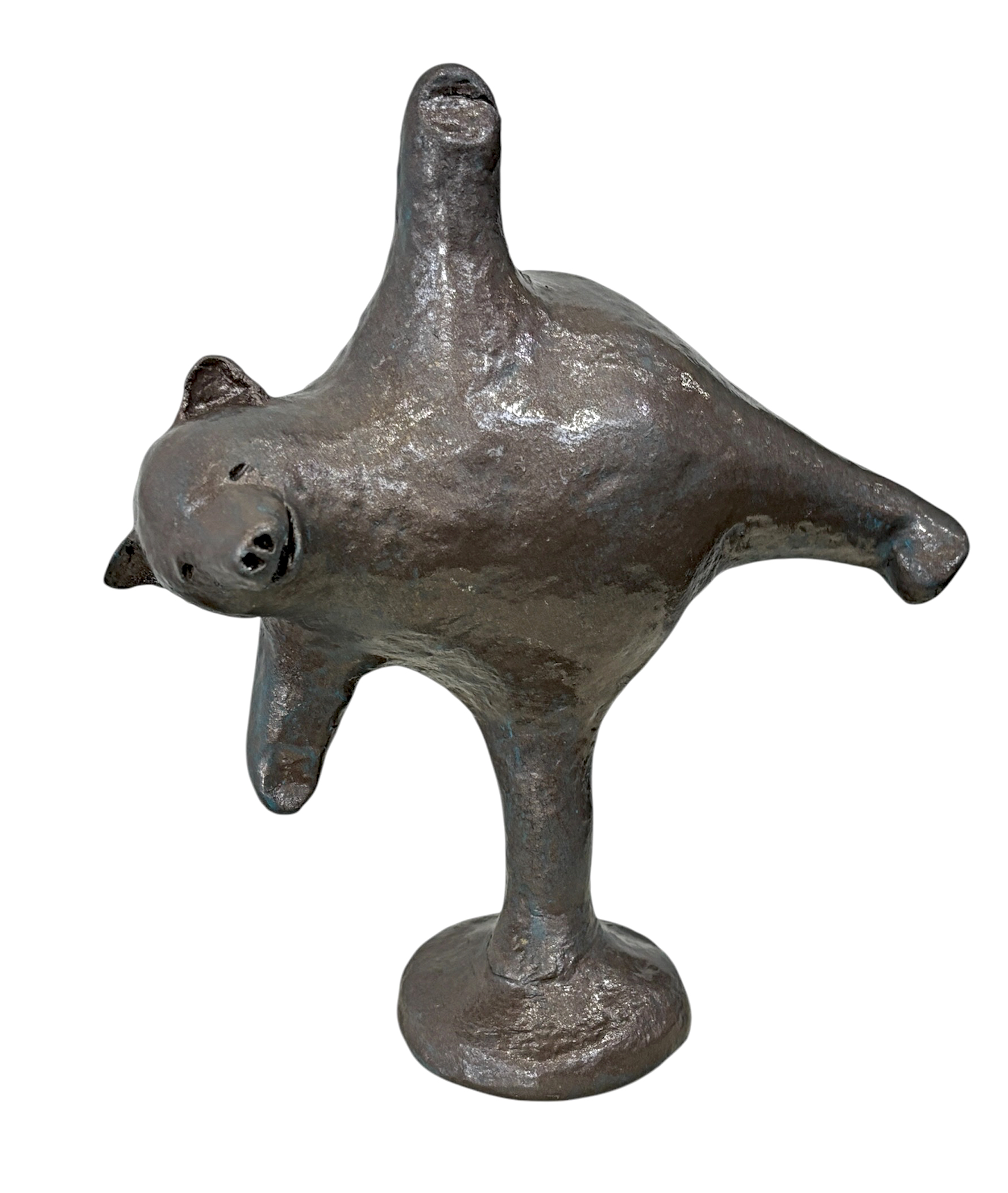 Half Moon Pose, original mixed media sculpture of a friendly bear doing yoga by Canadian artist Karin Taylor at Effusion Art Gallery in Invermere, BC.