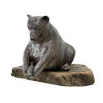 Salmon is Here, original mixed media sculpture of a friendly bear catching a fish by Canadian artist Karin Taylor at Effusion Art Gallery in Invermere, BC.